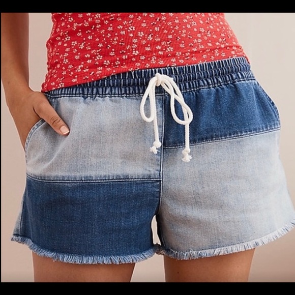 aerie Pants - NWOT Aerie Patchwork Chambray Denim Elastic Waist Shorts Sz XXL!